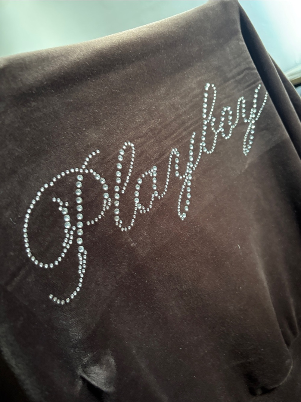 PLAYBOY Brown Velour Top with Rhinestone Script Logo